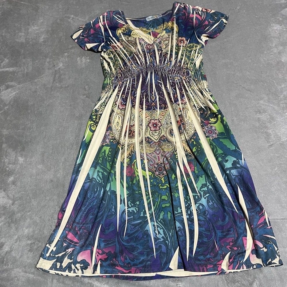 Unity Dress Womens Medium Multicolor Babydoll‎ Smocked Hippie Boho Gypsy